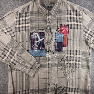 Desigual Shirt Gray Patchwork Button Up Shirt Regular 2XL Lightweight Flannel